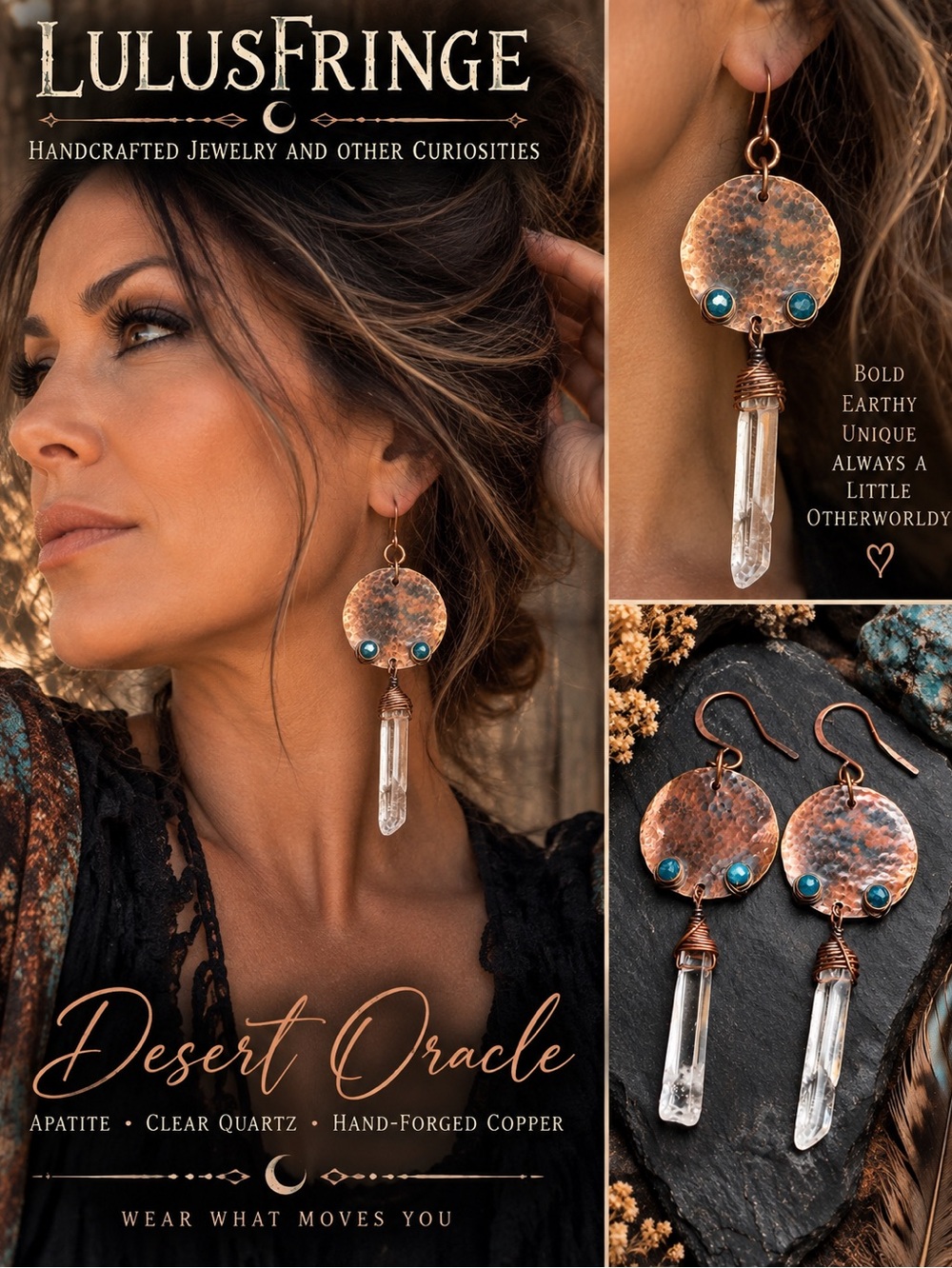 Artisan Hammered Copper & Apatite & Clear Quartz Crystal Dangle Earrings